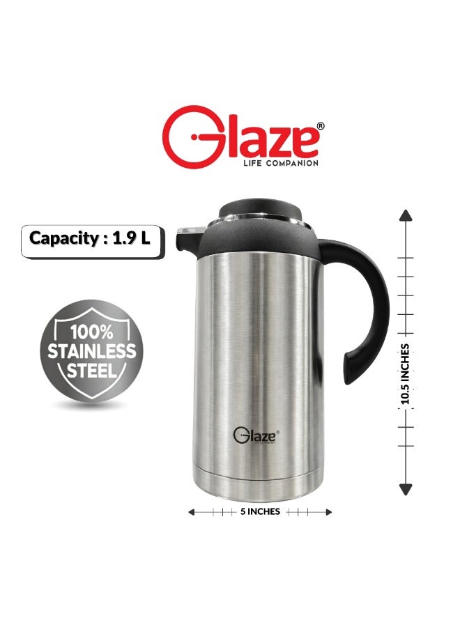 جليز ترمس من الفولاذ المقاوم للصدأ سعة 1.9 لتر، غطاء بزر ضغط، مقبض قوي وقاعدة مانعة للانزلاق، يحافظ على المشروبات ساخنة وباردة، فضي اللون - Image 3